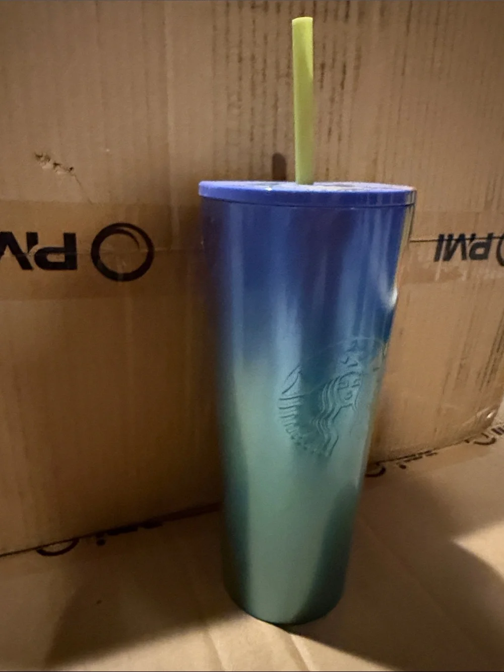Starbucks Blue-Teal Gradient Tumbler with Yellow Straw